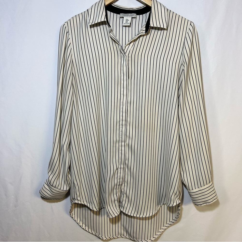 Rachel Zoe Black and White button up Striped Shirt size Medium Classic Workwear